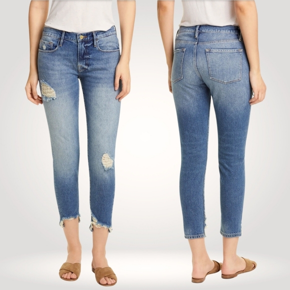 Frame Denim Denim - FRAME Womens Le Garcon Distressed Denim Crop Fray Hem Jeans in Newport Size 24
